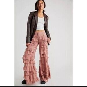 Free People Rock and Frill Pants Ruffle Tiered Dusty Rose Pink XL